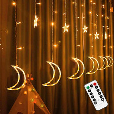Star Moon Curtain String Lights, 138 LED Window Lights with Remote Control, Warm