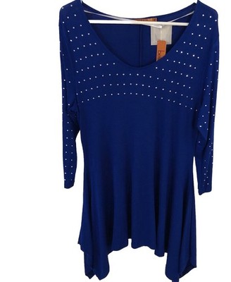 NWT Belldini Top M Saphire Blue Handkerchief Hem Silver Studs Casual Dressy Soft