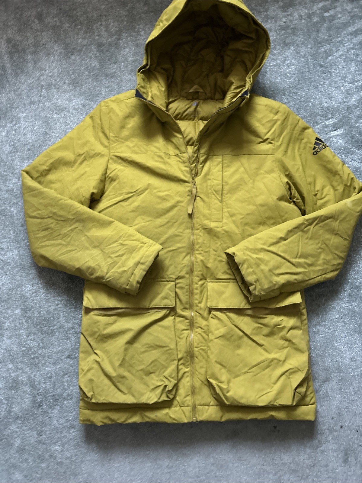 adidas Mens (S) Size Utilitas Pulse Olive Zip Hooded Winter Down Jacket w Logos image 10