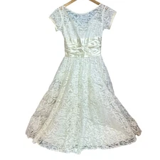 Lorrie Deb 1950s Cream White Lace Dress Union Made Vintage Wedding Fit Flair