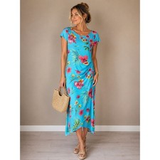 Talbots Tropical Floral Maxi Dress Blue Pink Hawaiian Resort Cruise Size 8