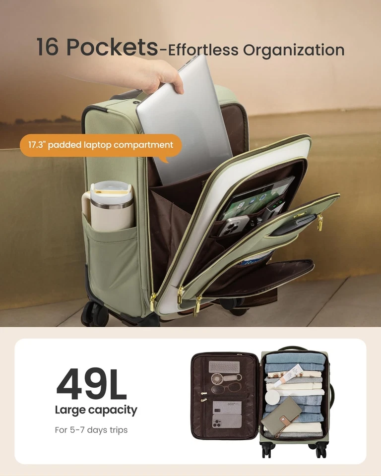 Equipaje de mano 22x14x9 aprobado por aerolínea con carpeta de ropa y rueda giratoria... Foto 4 de 4