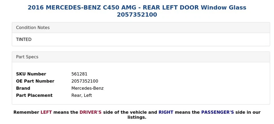 Mercedes-Benz C450 AMG 2016 - puerta trasera izquierda ventana vidrio 2057352100 Foto 3 de 4