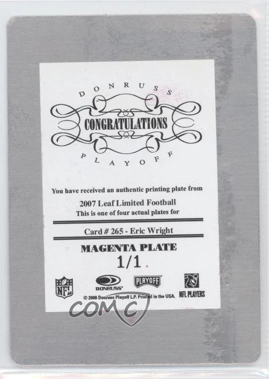 2007 Leaf Limited Printing Plate Magenta 1/1 Eric Wright #265 Rookie RC 0f8 - Image 2 of 3