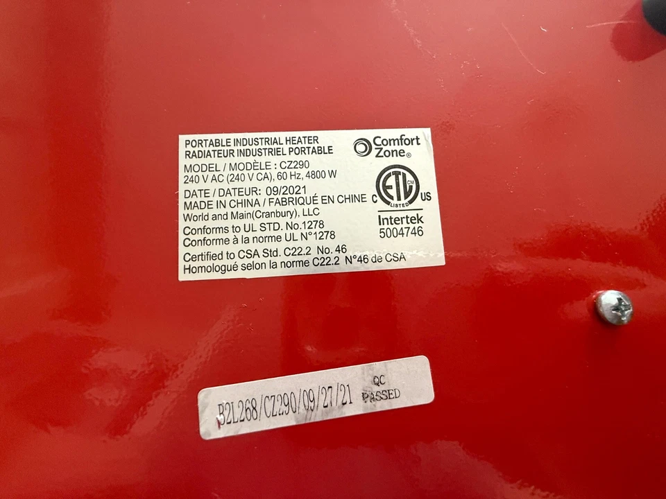 Ventilador grande Comfort Zone calentador de espacio industrial forzado para taller, rojo NEMA 6-30P Foto 3 de 3