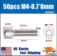 50PCS New M4 X 8mm 304 Stainless Steel Allen Hex Socket Cap Head Screws DIN912