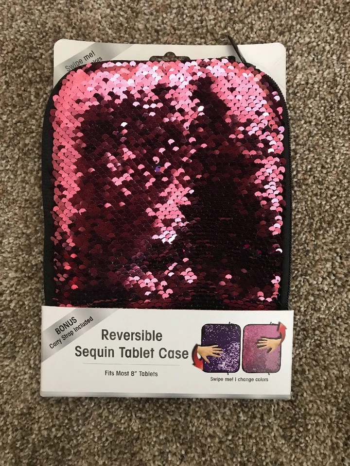 NUEVO EN CAJA Funda para Tableta Reversible Lentejuelas 8" Correa de Transporte para Tableta Sirena Rosa Púrpura Foto 2 de 4