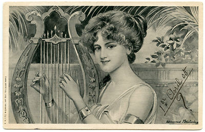 ANTIKE EDMUND BRUNING JOLIE FEMME MUSICIENNE HARFE SCHÖNE MUSIKERIN FRAUEN HARP