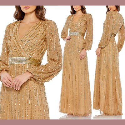 NWT $598 Mac Duggal [ 10 ] 5718 Sequined Wrap Over Puff Sleeve Gown Gold #Q947