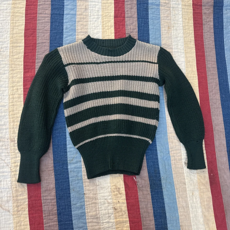 Blusa ajustada vintage 1930 verde e creme listrada malha suéter pull over - Imagem 2 de 4