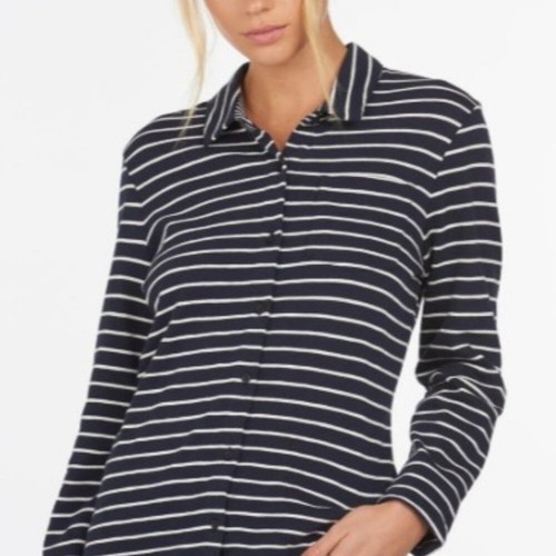 Barbour Navy Blue White Preppy Stripe Long Sleeve Button Knit Merseyside Shirt 6 - Picture 3 of 8