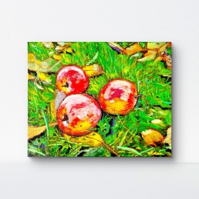 Three Apple Original Hand Painted Art On Canvas 8'x10' Deep Edges 