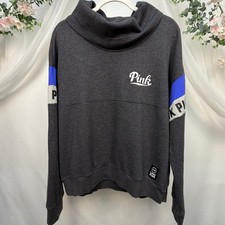 Victoria's Secret PINK Funnel Neck Sweatshirt Gray Blue Logo Tape Pullover Large