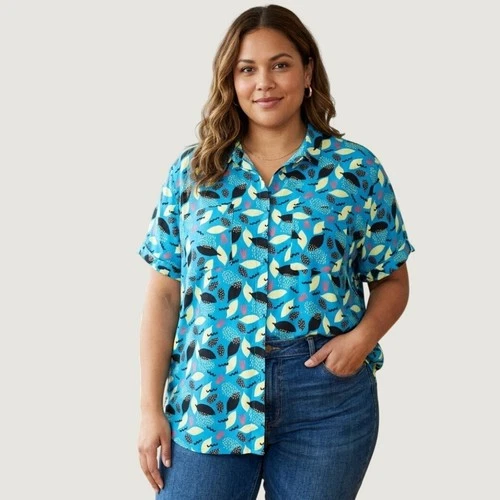 Wildfang The Empower SS Button Up Shirt Blue Abstract Print Rayon Plus Size 3X