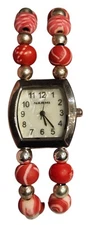 Vintage NARMI Women's Square Watch Double Stranded Red Clay Bead Silver Tone 