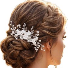 Silver Pearl Flower Bridal Wedding Hair Comb Rhinestone Clip for Women Bride