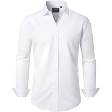 New L Mens Dress Shirts Long Sleeve Cotton Wrinkle Free Stretch Solid Casual...