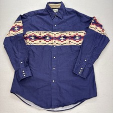 Vintage Express Rider Shirt Men  s Large Blue Western Cowboy Pearl Snap Aztec