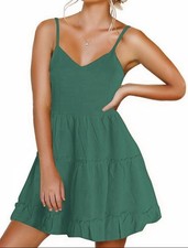 FANCYINN Green Casual Tiered Mini Dress Spaghetti Strap Vneck Size M