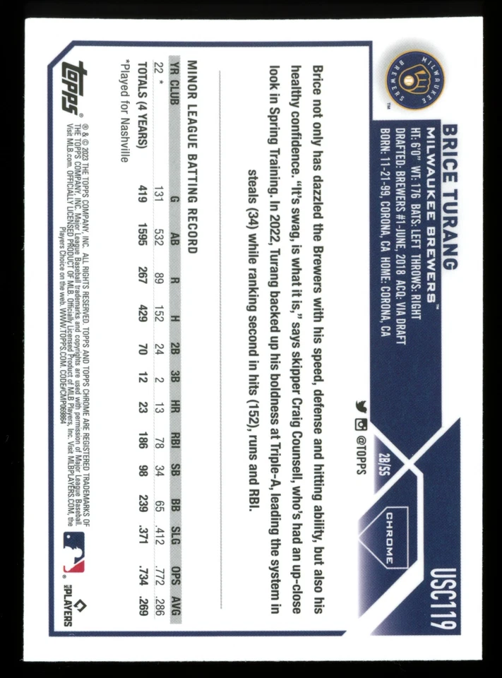 2023 Topps Chrome #USC119 Brice Turang RC IMAGE VARIATION Rookie Card - Image 2 of 2