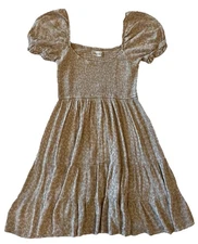 Altar’d State Tan Baby Doll Floral Ruffle Boho Mini Dress Puff Sleeve (Medium)