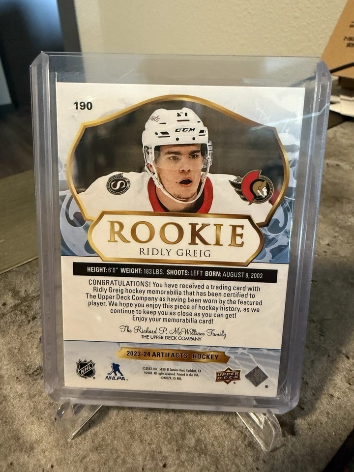 2023-24 Upper Deck Artifacts - Rookies Ridly Grieg 3 Color Patch Tag /5 - Image 2 of 2