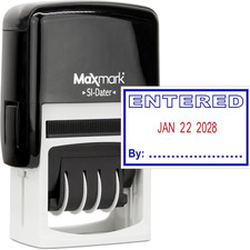 Office Self Inking Date Stamp with Phrase Entered - 2 Color Blue/Red Ink