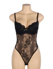 WOW BABE Black Push Up Floral Lace Sheer Open Crotch Teddy Bodysuit Size 10 UK