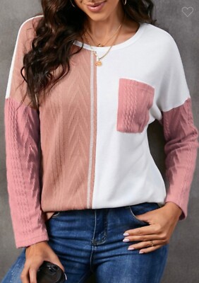 NWT Boutique Designer Pink White Color Block Textured Knit Pocket Fall Top S M L