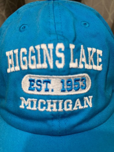 Higgins Lake Est 1953 Cotton Dark Aqua Hat Strap buckle White Embroidery EUC - Picture 2 of 9