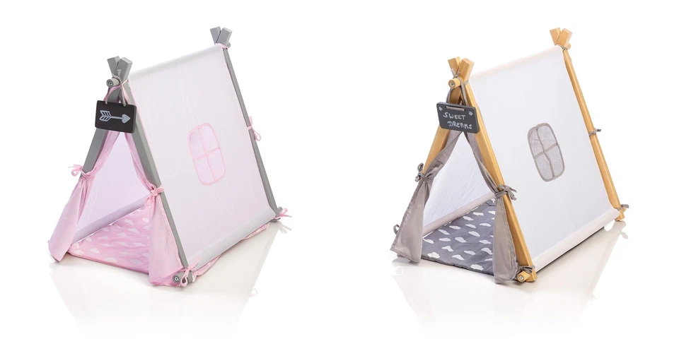 Musterkind Puppen Tipi Spiel Zelt Natur Holz Pastell Grau Rosa Wigwam Camp Lodge