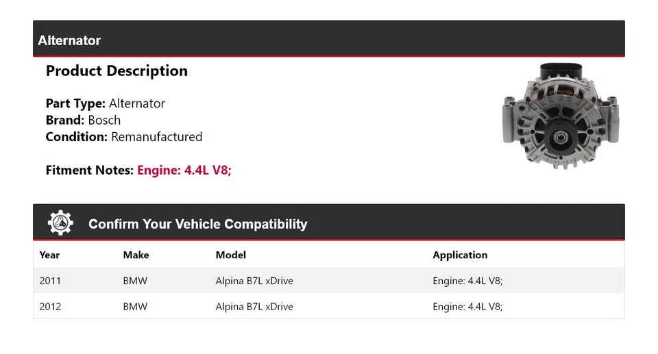 For 2011-2012 BMW Alpina B7L xDrive 4.4L V8 Bosch Alternator (Remanufactured) - Image 2 of 4