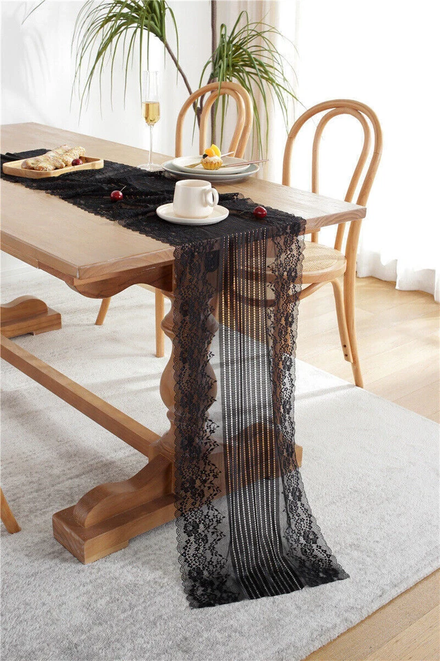 Vintage Black Embroidered Floral Lace Table Runner Rectangle Tablecloth Party - Image 4 of 4
