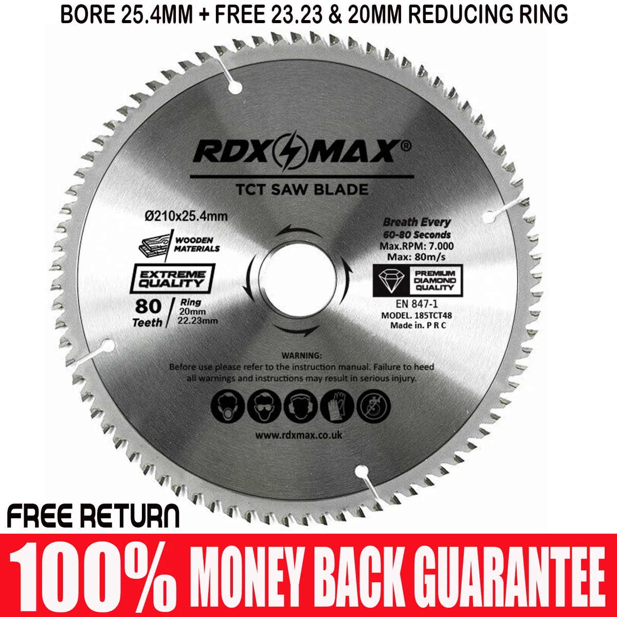 RDXMAX TCT Circular Wood Blade 210mm x 80T fits Evolution Rage Saws 25.4mm Bore