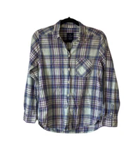 American Eagle Women’s Green Purple Plaid Boyfriend Fit Button Down Top Sz Small