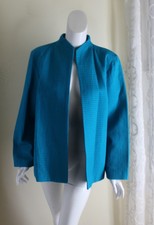 Nwt Dialogue Sz L Turquoise Blue Woven Waffle Pique 100% Cotton Open Art Jacket
