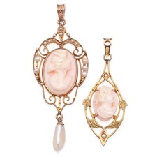 Lot of 2 Antique Victorian 10K Gold Coral & Seed Pearl Lavalier Cameo Pendants