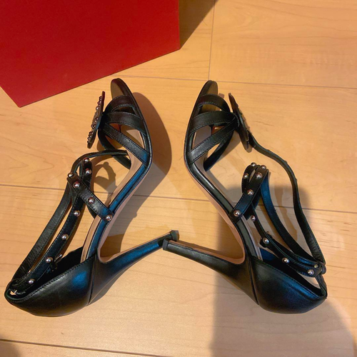 Red Valentino Open Toe Ankle Strap Sandals Size 37 Black Leather Heart Studs - Picture 6 of 8