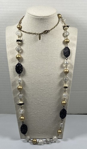 Vintage NY Gold Tone Acrylic Faux Pearl & Fabric Beaded Station Necklace 36 in