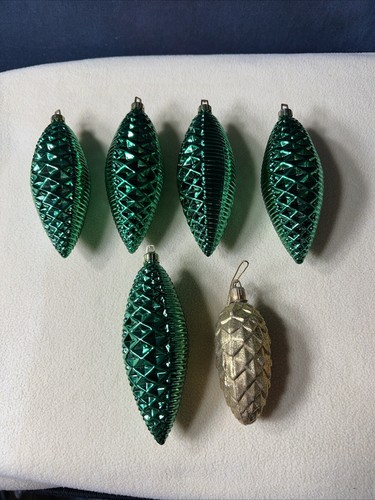 6 Vintage Plastic Geometric Pinecone Ornaments Green Metallic And Gold Glitter