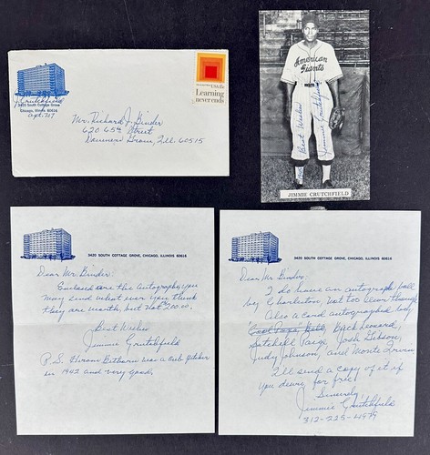 Jimmie Crutchfield (d.93) Signed 2 letters Autographed Post Card Negro League AS