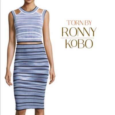 Torn by Ronny Kobo 2pc Matching Set Cutout Crop Top w/ Skirt, Knit, S