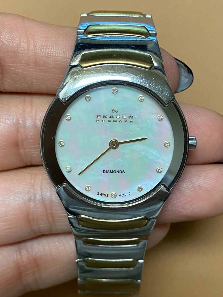 Skagen Denmark Silver and Gold Tone Mother of Pearl Face Diamonds