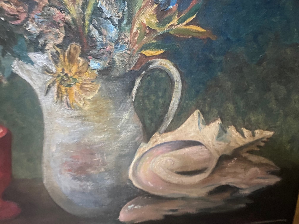Vintage Still Life Oil Painting Flowers Seashell Signed E. Steever