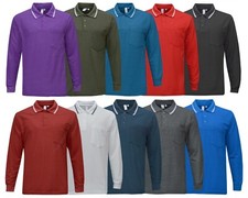 Mens Long Sleeve Polo Shirt Plain Pique Double Tipping Collar with Pocket M-XXL