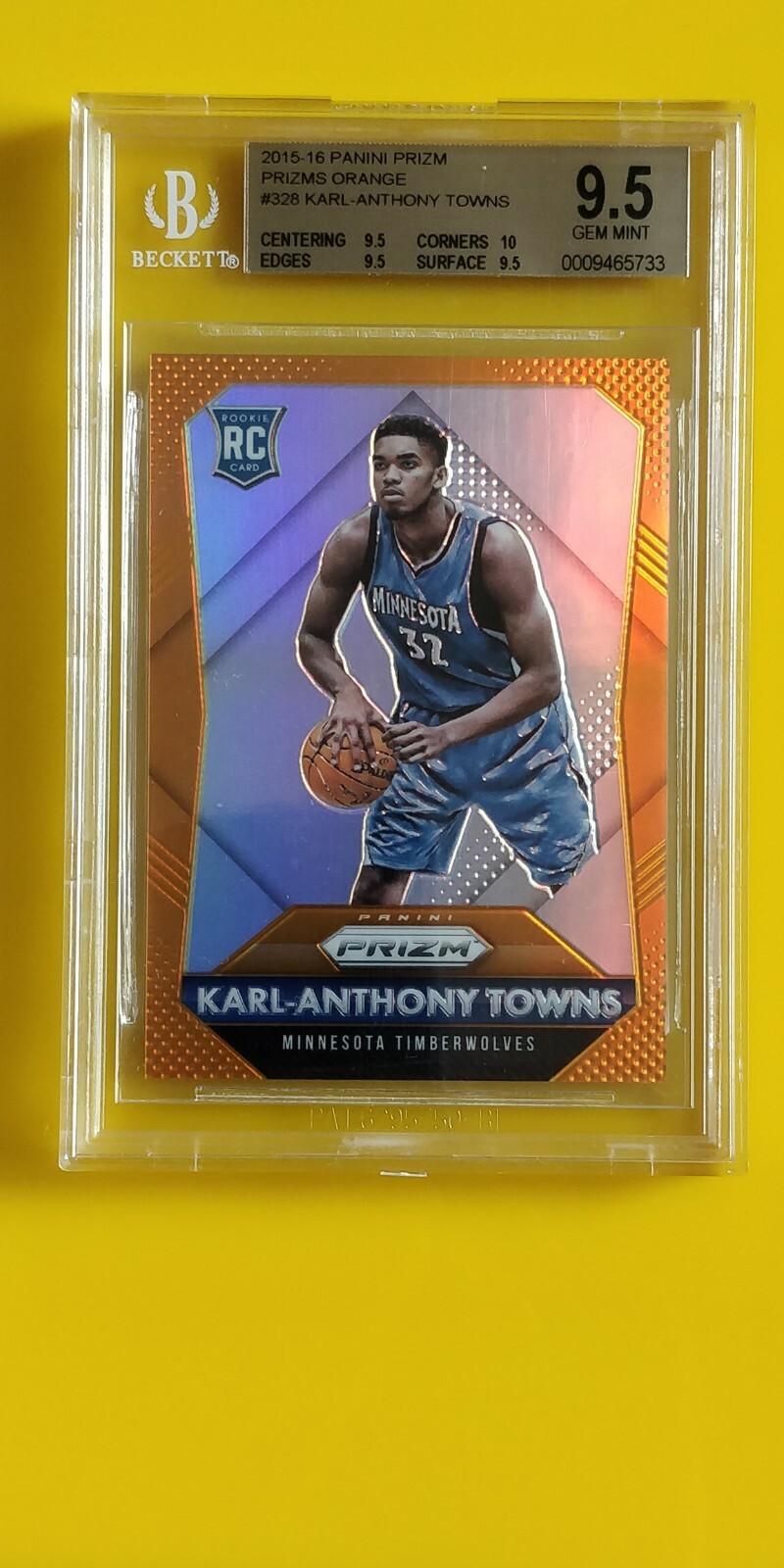 2015-16 Panini Prizm #328 Orange Prizms Karl-Anthony Towns Rookie RC /65 BGS 9.5