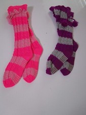 Womens Chunky Knee High Socks 2 Pair Striped Pink Purple NWOT Knitted Pompom Tie