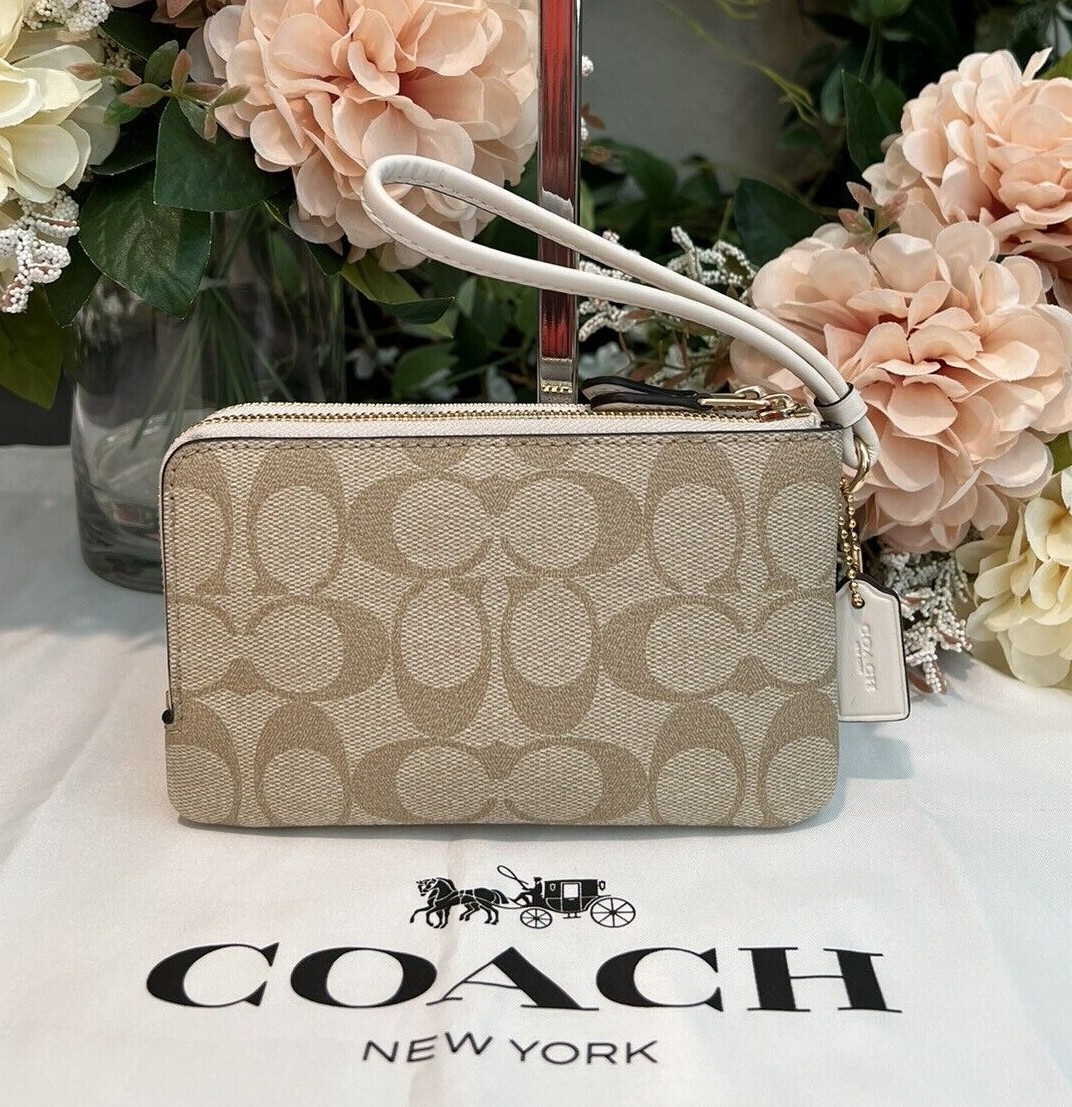 COACH Signature Canvas Double Zip Wristlet~Khaki/Saddle 2 or Light