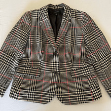 Talbots Classic Houndstooth Blazer Black Ivory Red Windowpane Wool Blend S