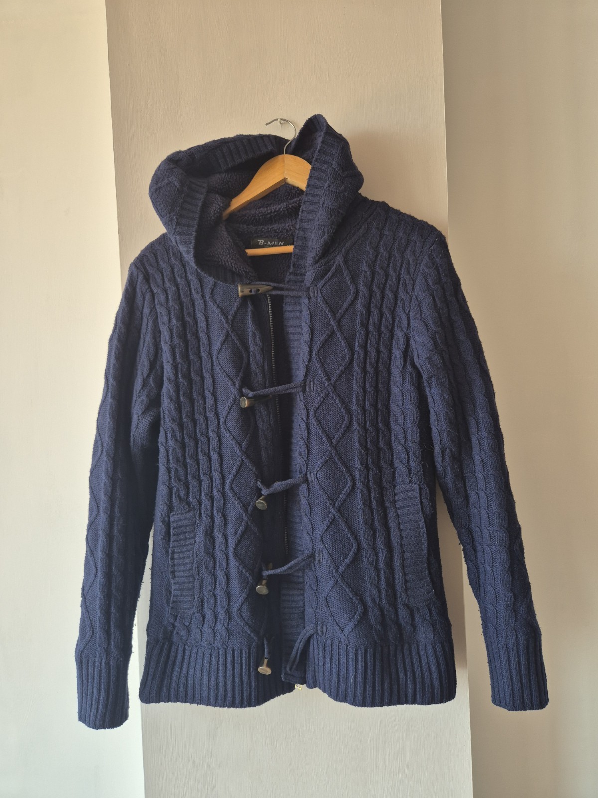 Cardigan maglione giacca Blu Con Cappuccio Per Uimo Con Cerniera 15%wool ,lana M